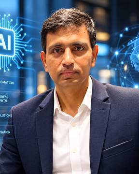 Portrait of Raja Kalkiraj in a navy blazer